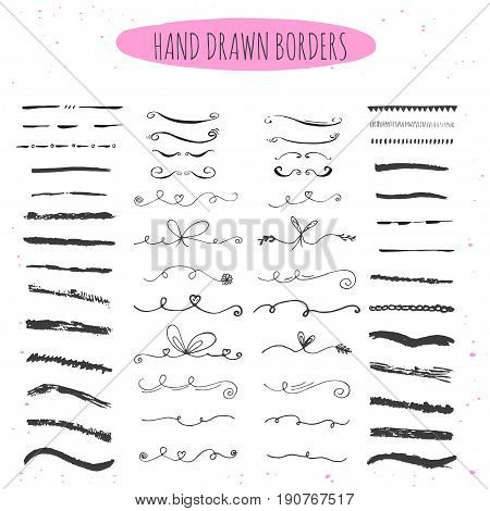 Collection of hand drawn ink borders for card, invitation. Cute and unique swirls, dividers for your stylish wedding or birthsday design. Isolated vector elements.
