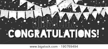 Party Flags. Charming Celebration Card With White Stitched Cutout Paper Party Flags And Confetti On