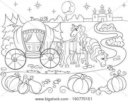 Cinderella fairy tale coloring book for children cartoon vector illustration. Black and white