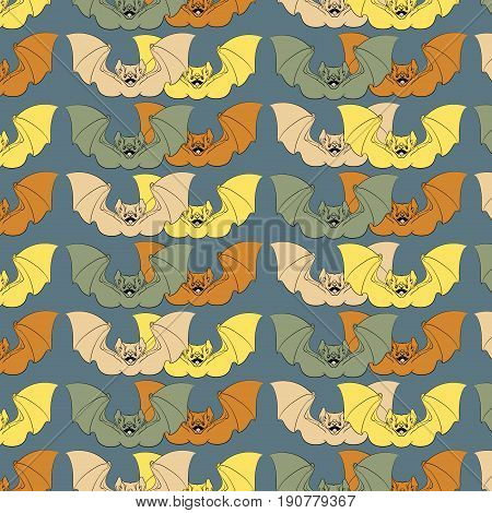 Colorful vector pattern with illustration of angry bat with fangs and wings in hand drawn line style isolated. Template for card poster banner print for t-shirt.