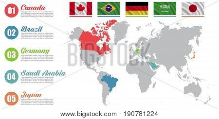 World map infographic. Slide presentation. Canada Brazil Germany Saudi Arabia Japan business marketing concept. Color countries with flags