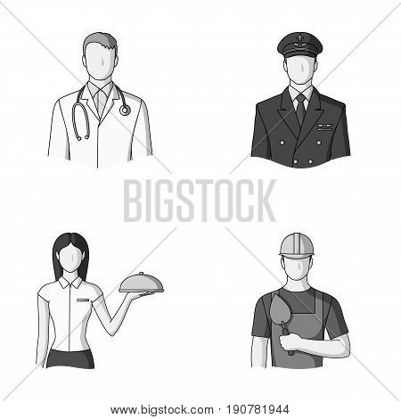 The doctor, the pilot, the waitress, the builder, the mason.Profession set collection icons in monochrome  vector symbol stock illustration .