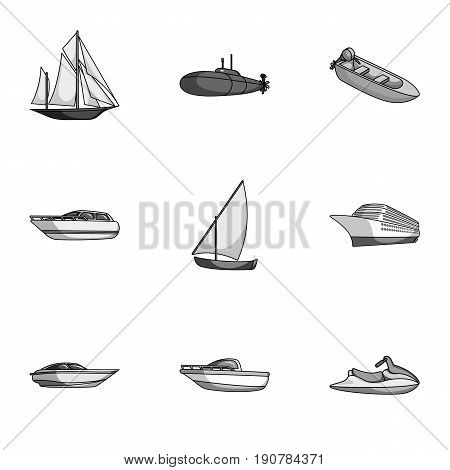 Sea transport, boats, ships. To transport people, thunderstorms. Ship and water transport icon in set collection on monochrome  vector symbol stock  illustration.