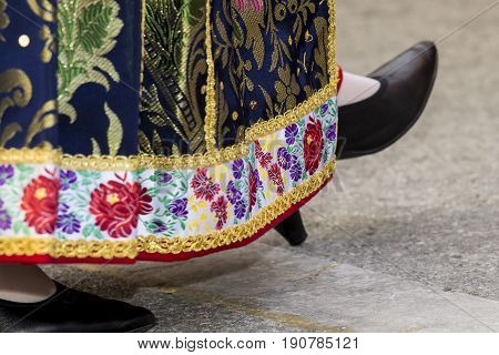 CAGLIARI, ITALY - MAY 1, 2017: 361 Religious procession of Sant'Efisio - detail of the skirt of a traditional Sardinian costume - Sardinia