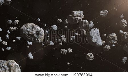 Closeup On Meteor Lumps In Space. Dark Background. Suitable For Any Fantasy, Astronomy Or Space Real