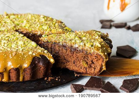 Chocolate Cake With Pistachios And Salted Caramel