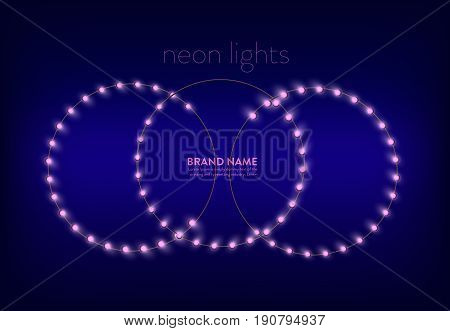 Vector illustration of a purple background with three circles of pink neon lights. Banner, poster for advertising holiday discounts and sales