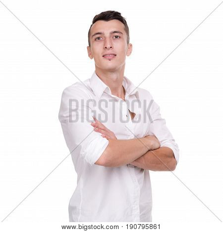 Thinking man isolated on white background. Closeup portrait of a casual young pensive businessman with copyspace. Caucasian male model.