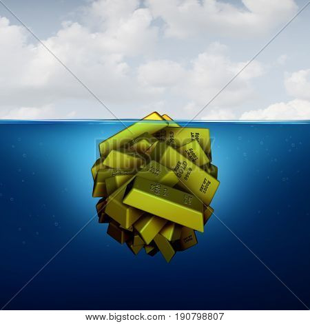 Iceberg business concept as a hidden fortune opportunity economic vision concept as an investing metaphor as agroup of gold bars with 3D illustration elements.