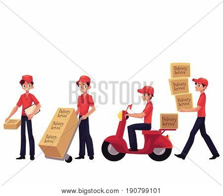 Young man working as courier, delivering goods, parcel, boxes, cartoon vector illustration isolated on white background. Delvery service man carrying boxes, using dolly, riding motorcycle