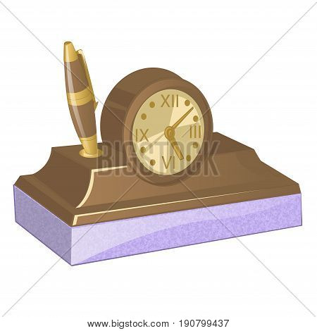 Brown wooden old clock with roman numerals vector illustration. Stand under the pen. Vintage desk clock. Table clock
