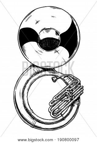 Vector hand drawn illustration of sousaphone. Black and white isolated on white.