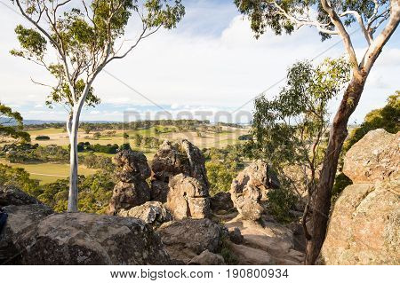 The popular tourist attraction of Hanging Rock. A volcanic group of rocks atop a hill in the Macedon ranges, Victoria, Australia