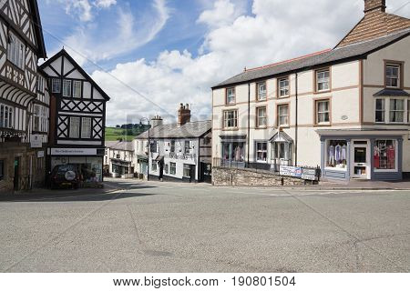 Ruthin Wales UK - June 4 2017: Clwyd street in Ruthin with it's quaint historic buildings and shops including the Boars Head public house