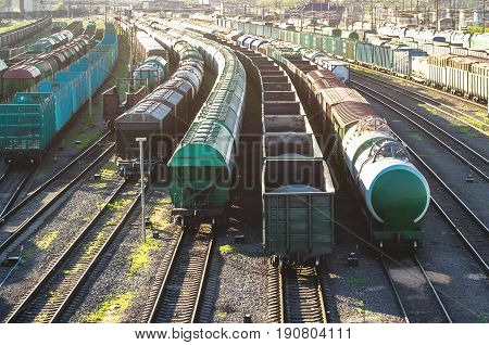 Cargo Train Wagoon Platform At Sunset With Container.