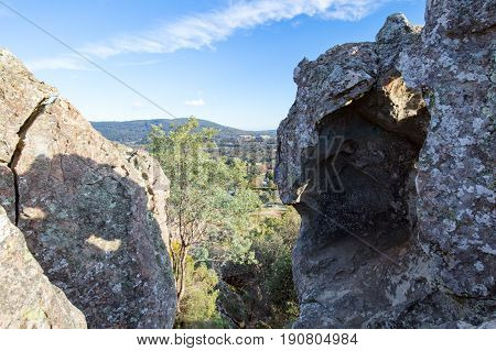The popular tourist attraction of Hanging Rock. A volcanic group of rocks atop a hill in the Macedon ranges, Victoria, Australia