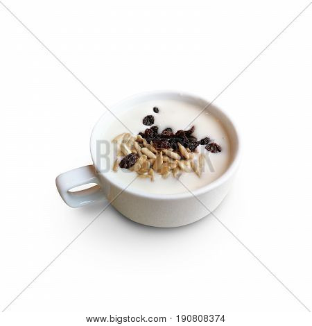 Mushroom Creamsoup With Raisin And Sunflower Seeds Topping Isolate On White Background