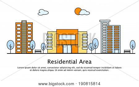 Modern street scenery in flat design style. Residential district with building of bank, cinema or market, trees and houses with place for text