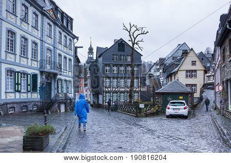 MONSCHAU GERMANY - FEBRUARY 20 2016: Half-timbered houses of Monschau a small resort town in the Eifel region of western Germany