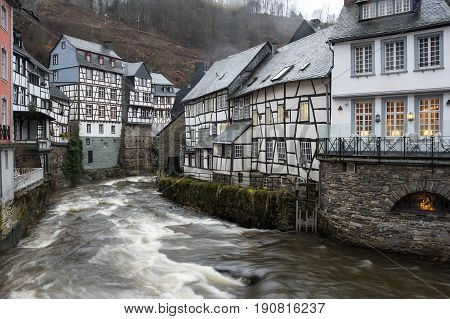 MONSCHAU GERMANY - FEBRUARY 20 2016: Half-timbered houses of Monschau a small resort town in the Eifel region of western Germany