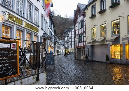 MONSCHAU GERMANY - FEBRUARY 20 2016: Half-timbered houses of Monschau a small resort town in the Eifel region of western Germany