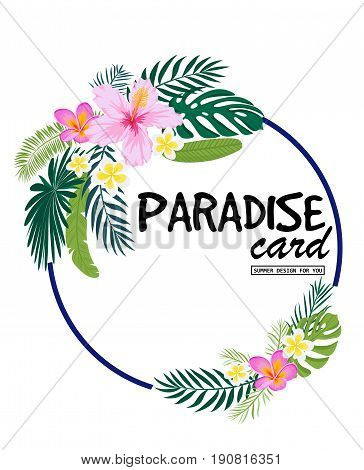 A tropical card with palm leaves and exotic flowers. Summer jungle design  is ideal for flyers, postcards, labels and unique designs. Vector