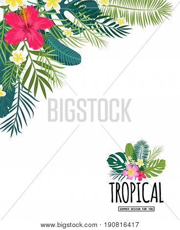 A tropical card with palm leaves and exotic flowers. Summer jungle design  is ideal for flyers, postcards, labels and unique designs. Vector