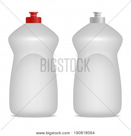 Dish washing liquid or shampoo bottle realistic mock up. Red and gray caps. Empty place for label design. 3D illustration for branding. Isolated on white background.Vector eps 10.