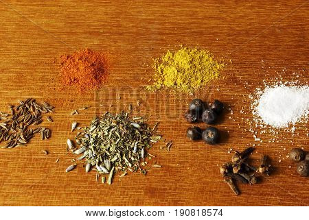 Some ingredients an spices on a wooden background
