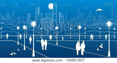 City scene, people walk on the square, city's skyline on background, street life, night town, vector design art