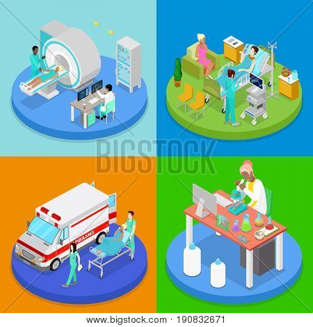 Isometric Medical Clinic. Health Care Concept. Hospital Room, Ambulance Emergency Service, MRI. Vector flat 3d illustration