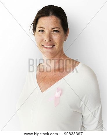 Caucasian Woman with a Pink Breast Cancer Ribbin