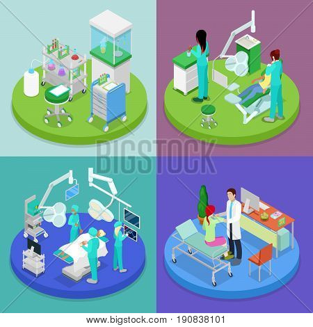 Isometric Medical Clinic. Health Care Concept. Hospital, Dentist, Operating Room. Vector flat 3d illustration