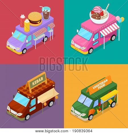 Isometric Street Food Trucks with Vegeterian Food, Burger, Kebab and Ice Cream Cafe. Vector flat 3d illustration