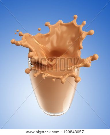 Splash of chocolate milk from the glass .Blue background. 3d rendering