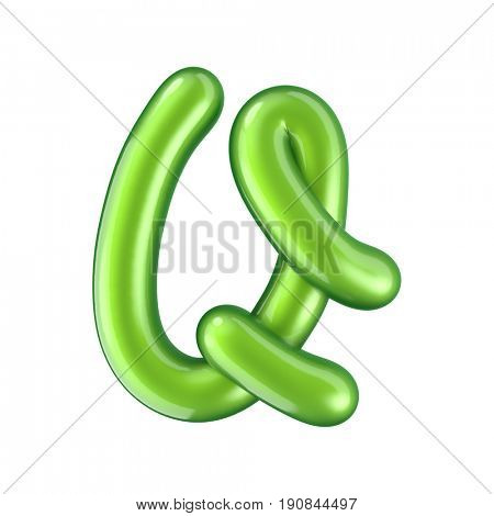 Glossy green letter Q uppercase. 3D rendering font with glint isolated on white background.
