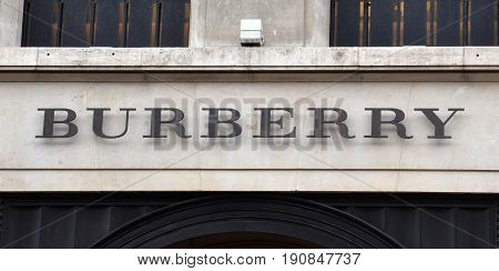 LONDON - AUGUST 6: A London Burberry store logo is shown here on August 6 2015. There are over 500 Burberry stores in over 50 countries.