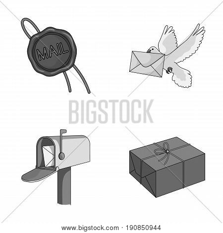 Wax seal, postal pigeon with envelope, mail box and parcel.Mail and postman set collection icons in monochrome style vector symbol stock illustration .