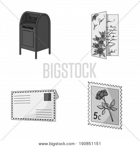 Mailbox, congratulatory card, postage stamp, envelope.Mail and postman set collection icons in monochrome style vector symbol stock illustration .
