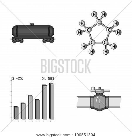 Railway tank, chemical formula, oil price chart, pipeline valve. Oil set collection icons in monochrome style vector symbol stock illustration .