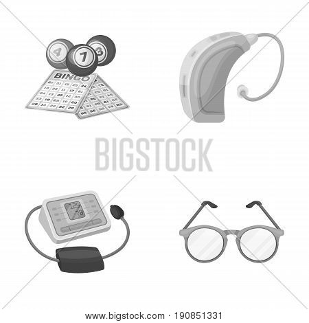 Lottery, hearing aid, tonometer, glasses.Old age set collection icons in monochrome style vector symbol stock illustration .