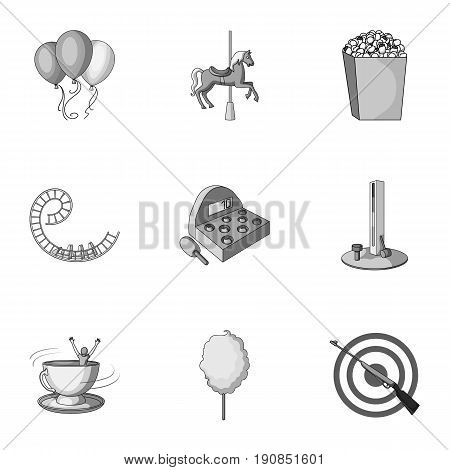The amusement Park rides. The attributes of a recreational Park, panic room, cotton candy.Amusement Park icon in set collection on monochrome style vector symbol stock web illustration.