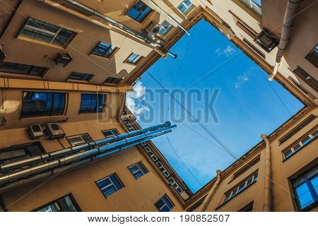Yard-well kind of bottom-up, typical architecture In the center of historical St. Petersburg, Russia