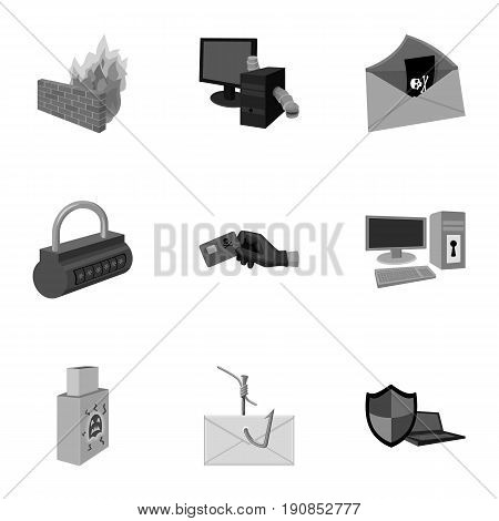 A selection of icons about protection and breaking. Modern technology of protection against breaking. Hackers and hacking icon in set collection on monochrome style vector symbol stock web illustration.