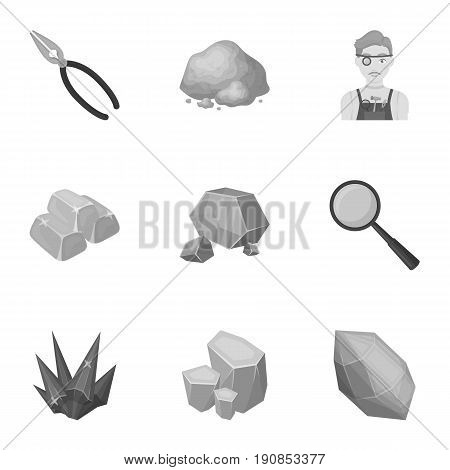 A set of jewelry, crystals, minerals and expensive metals. The jeweler inspects the ornaments.Precious minerals amd jeweler icon in set collection on monochrome style vector symbol stock web illustration.