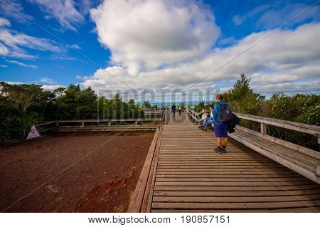 AUCKLAND, NEW ZEALAND- MAY 12, 2017: Unidentified people enjoying the beautiful view from top in the mountain in Rangitoto Island walking in wooden paths, New Zealand in a sunny day.