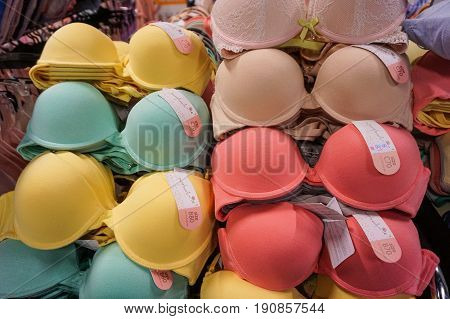 Kota Kinabalu,Sabah-May 29,2017:Various of colorful bras hanging in lingerie store in the IMAGO mall shopping centre in Kota Kinabalu,Sabah,Borneo,Malaysia.