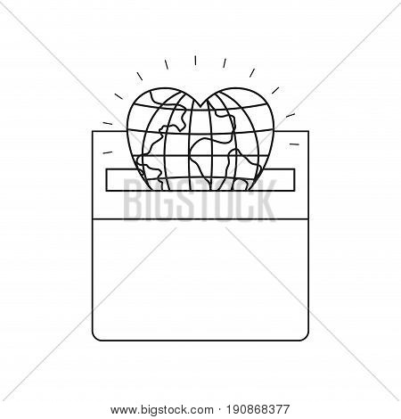 silhouette front view flat globe earth world in heart shape depositing in a carton box vector illustration