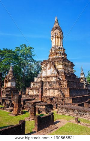 Sukhothai, Thailand - January 17 2017: Wat Chedi Jet Thaew In The Precinct Of Si Satchanalai Histori