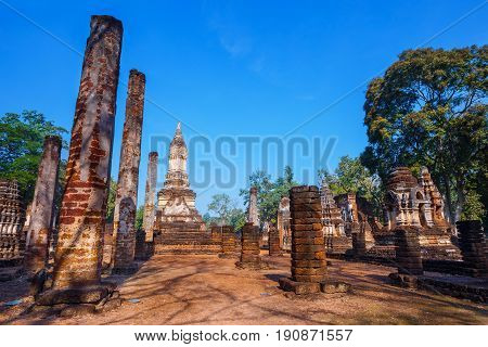 Sukhothai, Thailand - January 17 2017: Wat Chedi Jet Thaew In The Precinct Of Si Satchanalai Histori